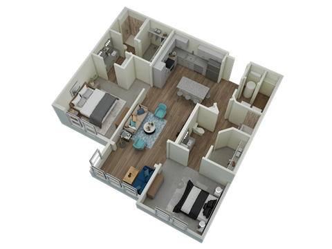 Unit B2 Solarium 2-bedroom, 2-bath 1,223 sqft 3D floor plan at Canopy Park Apartments, Pelham, AL 35124
